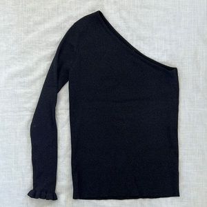 William B one shoulder long sleeve black top w/ a slight silver sparkle. Size LG